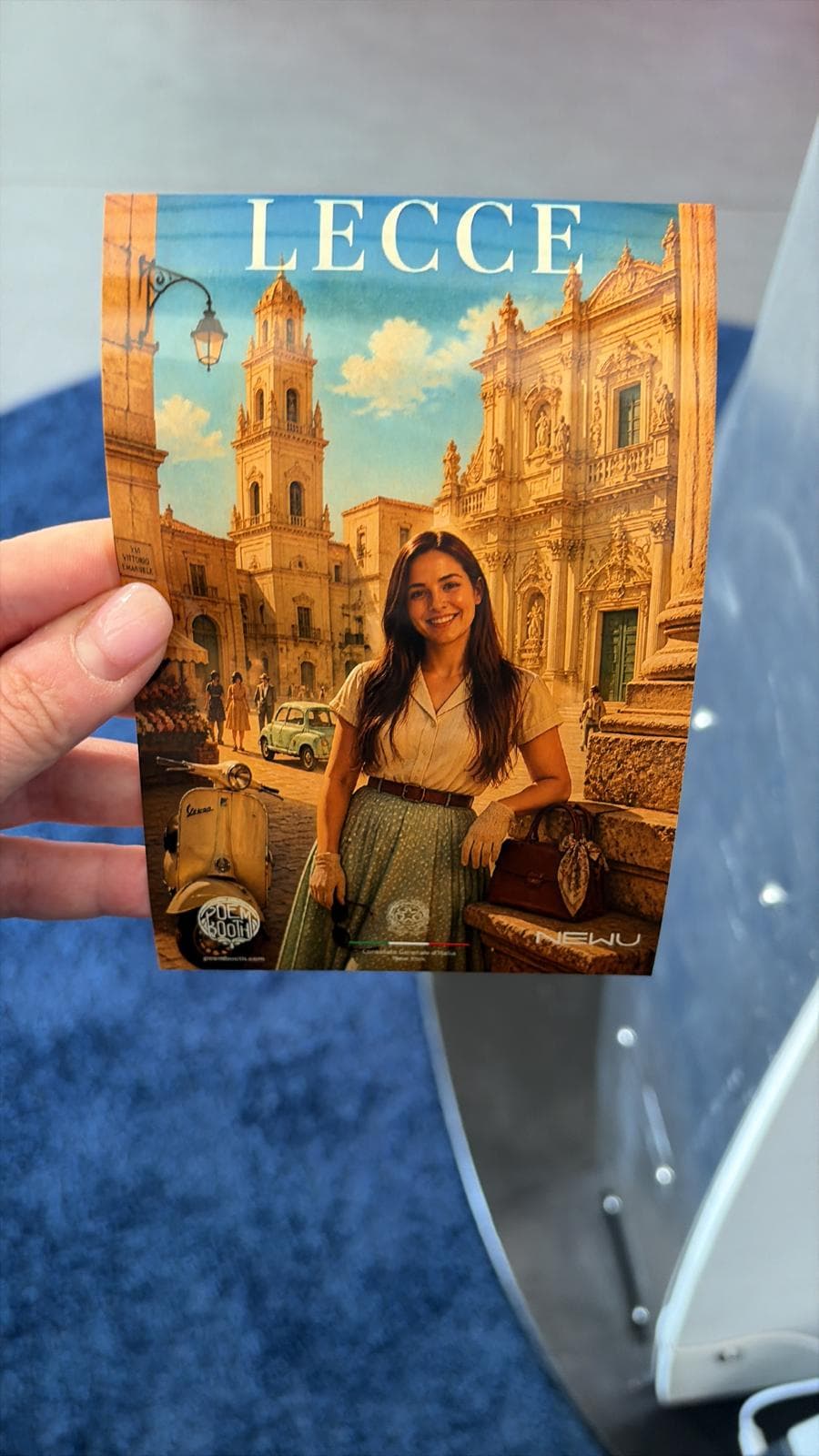 AI portrait of a guest as the star of a vintage Lecce travel poster, created by the Poem Booth.